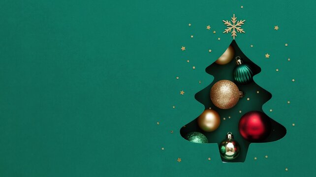 Elegant Christmas Tree Cutout Design on Teal Green Background Revealing Metallic Gold, Red, and Green Ornaments with Snowflake Topper