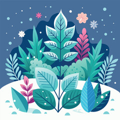 “Cozy winter landscape illustration with a small cabin, snowy hills, pine trees, crescent moon, soft glowing windows, and falling snow — flat vector style, smooth gradients, bright cool colors. © jasmin