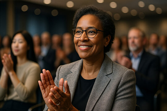 African american business woman applauding at conference event