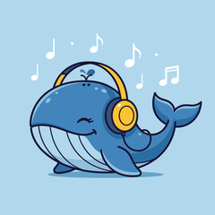 Cartoon whale with headphones listening to music notes on a blue background.