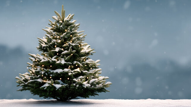 Snow covered Christmas tree with glowing lights outdoors, festive winter scene, peaceful holiday atmosphere, soft snowfall, blue background