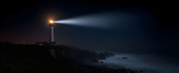The lighthouse beam pierces the far nighttime darkness with unwavering clarity.