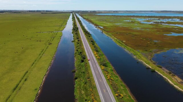 Aerial View of Highway Between Lagoons in Chuy, Rio Grande do Sul, Brazil
