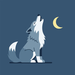 A cartoon illustration of a wolf howling at a crescent moon in a dark blue night sky.