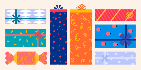 Fototapeta premium Cartoon Color Different Shapes Christmas Gift Boxes Set Xmas Celebration Concept Flat Design Style. Vector illustration