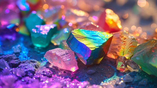 Colorful iridescent crystals and minerals close up. Macro shot of glowing rainbow gemstones with neon lighting. Abstract magic geology background