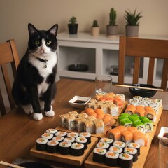 Cute Cat Sitting at Dining Table with Sushi Platter