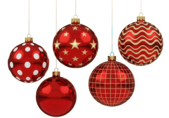 Red christmas ornaments with patterns isolated on transparent background