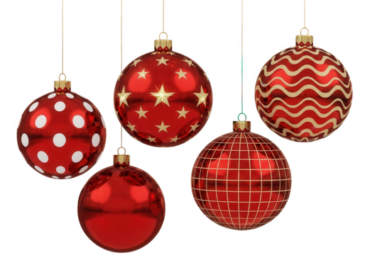 Red christmas ornaments with patterns isolated on transparent background