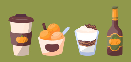 Cartoon Color Pumpkin Spice Seasonal Product Set Include of Coffee and Ice Cream Concept Flat Design Style. Vector illustration