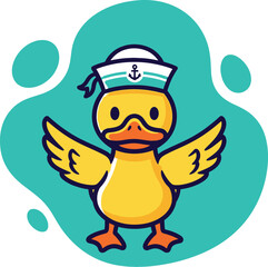 Cute cartoon yellow duck wearing a white sailor hat with an anchor emblem, standing with wings spread on a teal background.