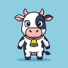 Cute cartoon cow with black and white spots, wearing a golden bell collar, standing on a blue background.