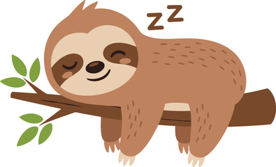 Fototapeta premium A cartoon sloth is sleeping peacefully on a tree branch with closed eyes and the word 'zzz' above it.