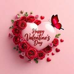 Heart with roses and butterfly for valentines day card