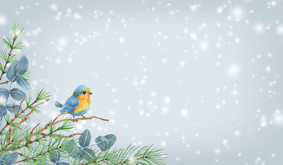 Christmas background with winter greenery, blue bird, spruce and eucalyptus branch against background of snowfall and snowflakes.