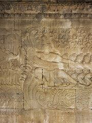 Khmer Myth Carving at Angkor Wat: Naga Serpent Bas-Relief Detail Temple