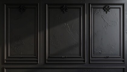 Matte black panel with intricate embossed patterns, premium textured luxury feel 
