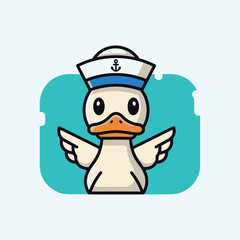 Cute cartoon duck wearing a sailor hat with wings, set against a teal background.