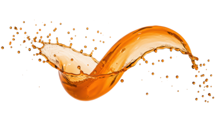 A vibrant, bright orange liquid, resembling fresh juice, forms an elegant, high-arching wave with scattering spherical droplets, isolated on a white background, concept for beverage advertising