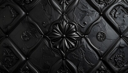 Matte black panel with intricate embossed patterns, premium textured luxury feel 