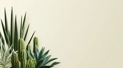 Lush collection of cacti and succulents arranged artistically against a soft beige background