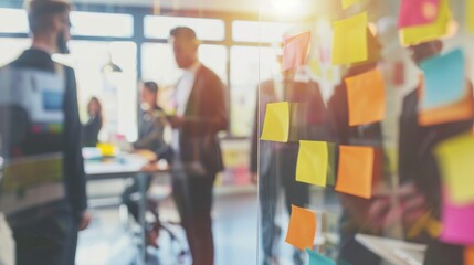 A group of diverse professionals engaged in a brainstorming session. Colorful sticky notes are visible on a glass wall. The atmosphere is collaborative and creative.