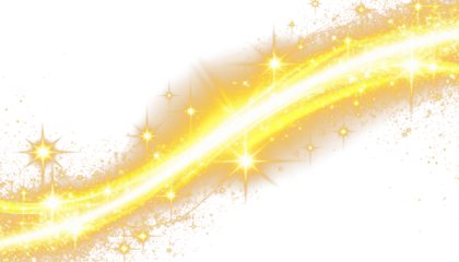 Golden glow, sparks, glitter, wavy trail on transparent background