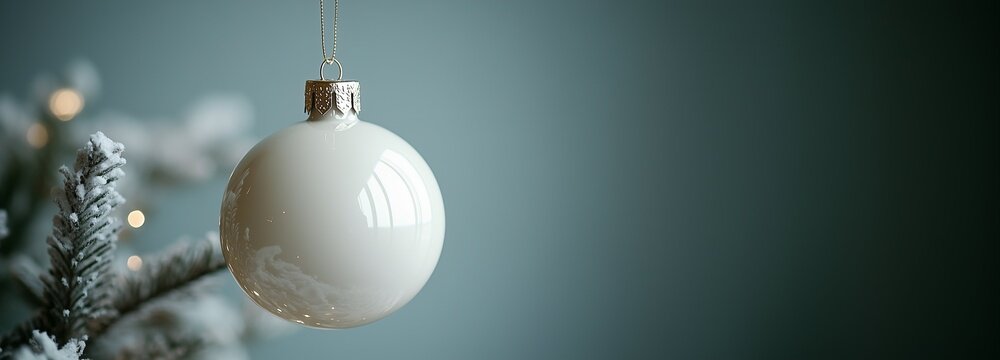 Christmas background in blue, and green colors with white toy, Christmas tree branches and snow with copy space