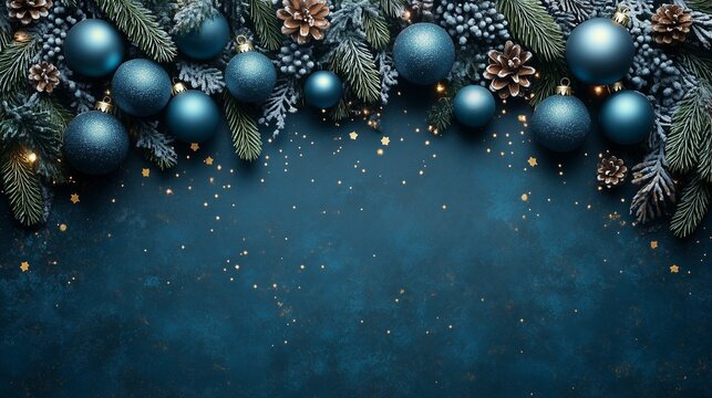 Christmas background in blue, light blue, and green colors with toys, Christmas tree branches, pine cones, and snow with copy space - Powered by Adobe