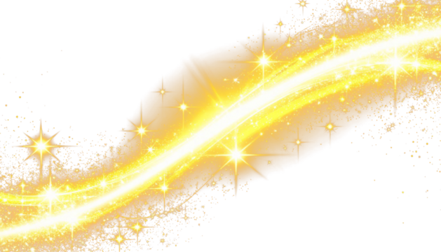 Golden glow, sparks, glitter, wavy trail on transparent background