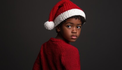 Young child wearing a red knit sweater and festive hat looks over shoulder against dark background