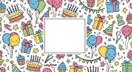 Festive and colorful birthday party elements frame for customized celebratory messages