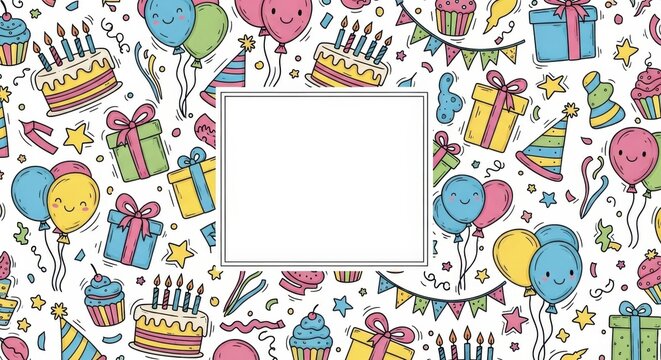Festive and colorful birthday party elements frame for customized celebratory messages