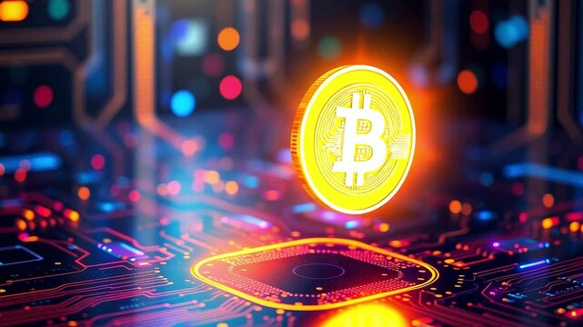 Shining Bitcoin symbol floating above a glowing neon chip, computer and modern technology, glow. Concept of business, money, virtual currency, online exchange, high volatility, and risk