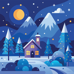 Fototapeta premium “Cozy winter landscape illustration with a small cabin, snowy hills, pine trees, crescent moon, soft glowing windows, and falling snow — flat vector style, smooth gradients, bright cool colors.