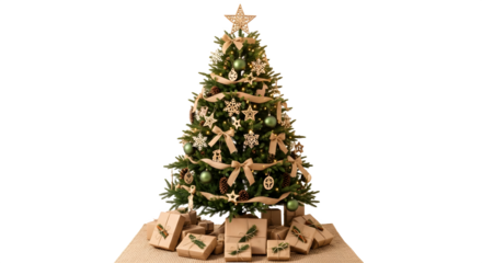 Decorated Christmas Tree with Gifts isolated on transparent background