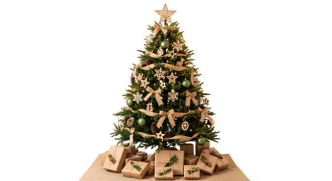 Decorated Christmas Tree with Gifts isolated on transparent background
