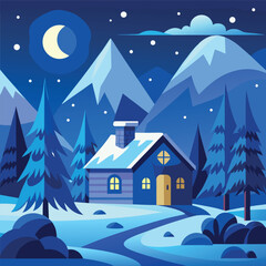 Fototapeta premium “Cozy winter landscape illustration with a small cabin, snowy hills, pine trees, crescent moon, soft glowing windows, and falling snow — flat vector style, smooth gradients, bright cool colors.