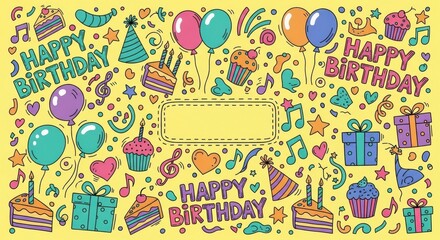 Cheerful celebratory birthday themed doodle design for creating festive event invitations