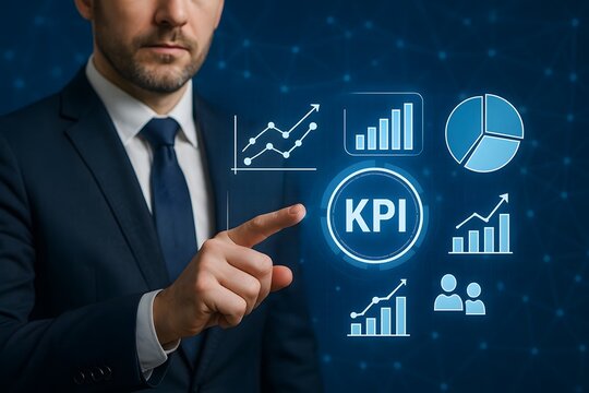 Businessman in a suit interacting with KPI graphics for the concept of business data analysis.