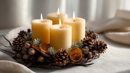 Four Advent Candles in Traditional Evergreen Wreath, Christmas Still Life