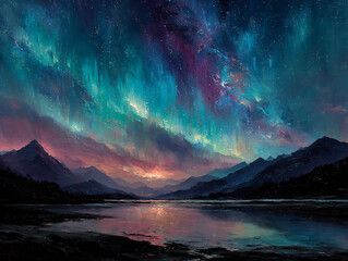 Naklejka premium landscape at night, featuring a vibrant aurora borealis in shades of green and blue, illuminating the sky and casting a mystical glow over the distant mountains. 