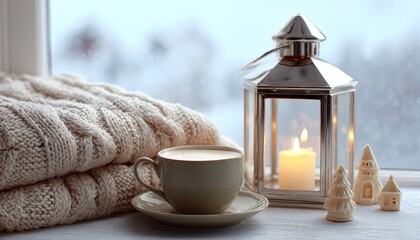 Cozy arrangement of warm beverage and glowing lantern sits on a windowsill during cold weather