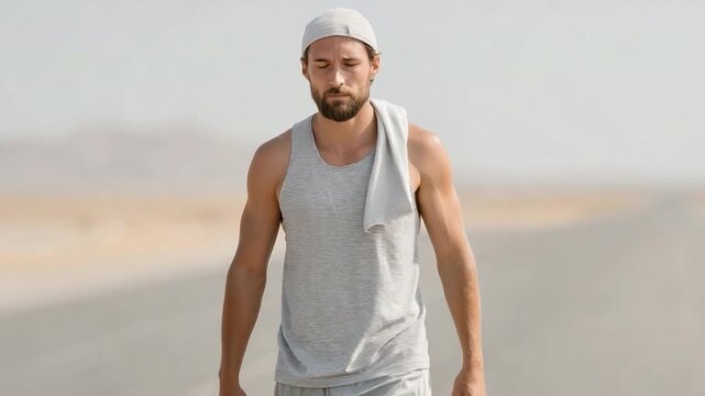 Young man with athletic build standing on empty road in hot weather, wiping sweat from forehead, looking thoughtful and tired 4k video footage
