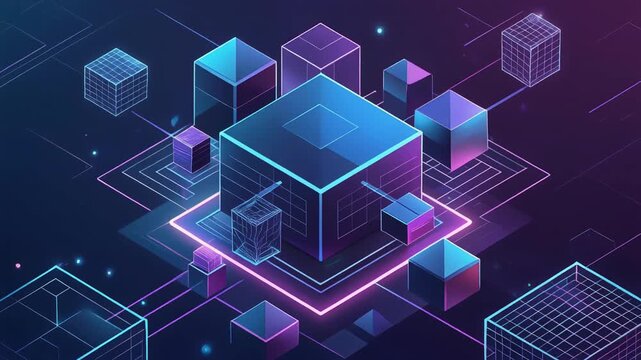 A striking vector illustration embodying a futuristic startup concept. The design features a dynamic composition of clean geometric cubes and intricate wireframe shapes, forming an abstract yet profes