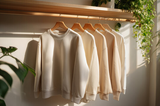 A rack of white sweaters hanging on a wooden shelf - Powered by Adobe
