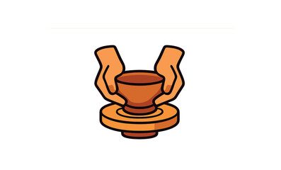 Single clay bowl on wheel with hands impression flat vector style bold outline sticker look bright warm palette isolated on transparent background centered no face
