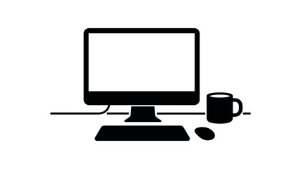 Desk with computer monitor and mug black silhouette with clean screen and wire lines workspace layout vector