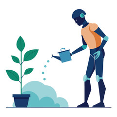 Robot watering plant in pot for environmental sustainability