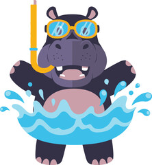 A happy cartoon hippo wearing swimming goggles and a snorkel, splashing joyfully in blue water.